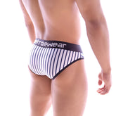 MetroMaleWear Bruno brief marine blue striped men’s underwear with a black retrowear waistband for everyday comfort