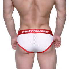MetroMaleWear Bruno brief red 2803-30 white mesh briefs with red trim and waistband featuring metrewear logo
