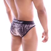 Black and gray snake-scale patterned men’s briefs with black waistband featuring mehear logo from MetroMaleWear Bruno 2803-60