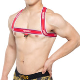 MetroMalewear brutal harness red with white stripes featuring a black metal ring center for secure fit
