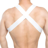 White cross-back support strap harness worn over shoulders shown from the back metroMaleWear brutal harness white