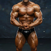A muscular bodybuilder wearing black shiny MetroMaleWear BSD swim briefs with silver grommets in front view