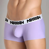 Lavender metro malewear bulge boxer briefs with white elastic waistband and black stylized lettering in polyester blend