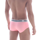 Pink mens briefs metro male wear bulge boxer pastel pink with white elastic waistband and gray logo pattern