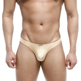 Beige metallic fabric briefs with subtle sheen and red logo on waistband metroMalewear bulge capri bikini gold 6104-21