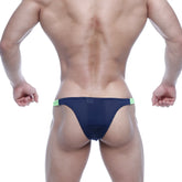 Navy blue mesh briefs with neon green trim from metromalewear bulge capri bikini 6104-31 showing front view