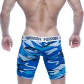 Blue and white camouflage mens bulge midcut boxer briefs with black accent and branded elastic waistband from metromalewear