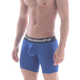 Blue men’s boxer briefs with black waistband and aeromalewear logo in white from metro malewear bulge midcut royal blue
