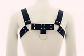 Black leather bulldog harness with silver metal studs and central ring by metromalewear model mh1