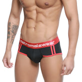 Black and red metroMaleWear Cairo brief 5106-20 with bold logo waistband designed for athletic comfort