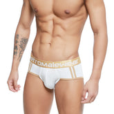 White mens briefs with gold trim and etromalewear waistband from metromalewear cairo brief white 5106-00
