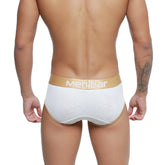 White MetroMaleWear Cairo brief 5106-00 with gold waistband and trim made from soft metwear fabric