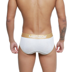 White MetroMaleWear Cairo brief 5106-00 with gold waistband and trim made from soft metwear fabric