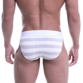 White and gray striped ribbed briefs by metromalewear in gray 3004-03 with a bikini cut design