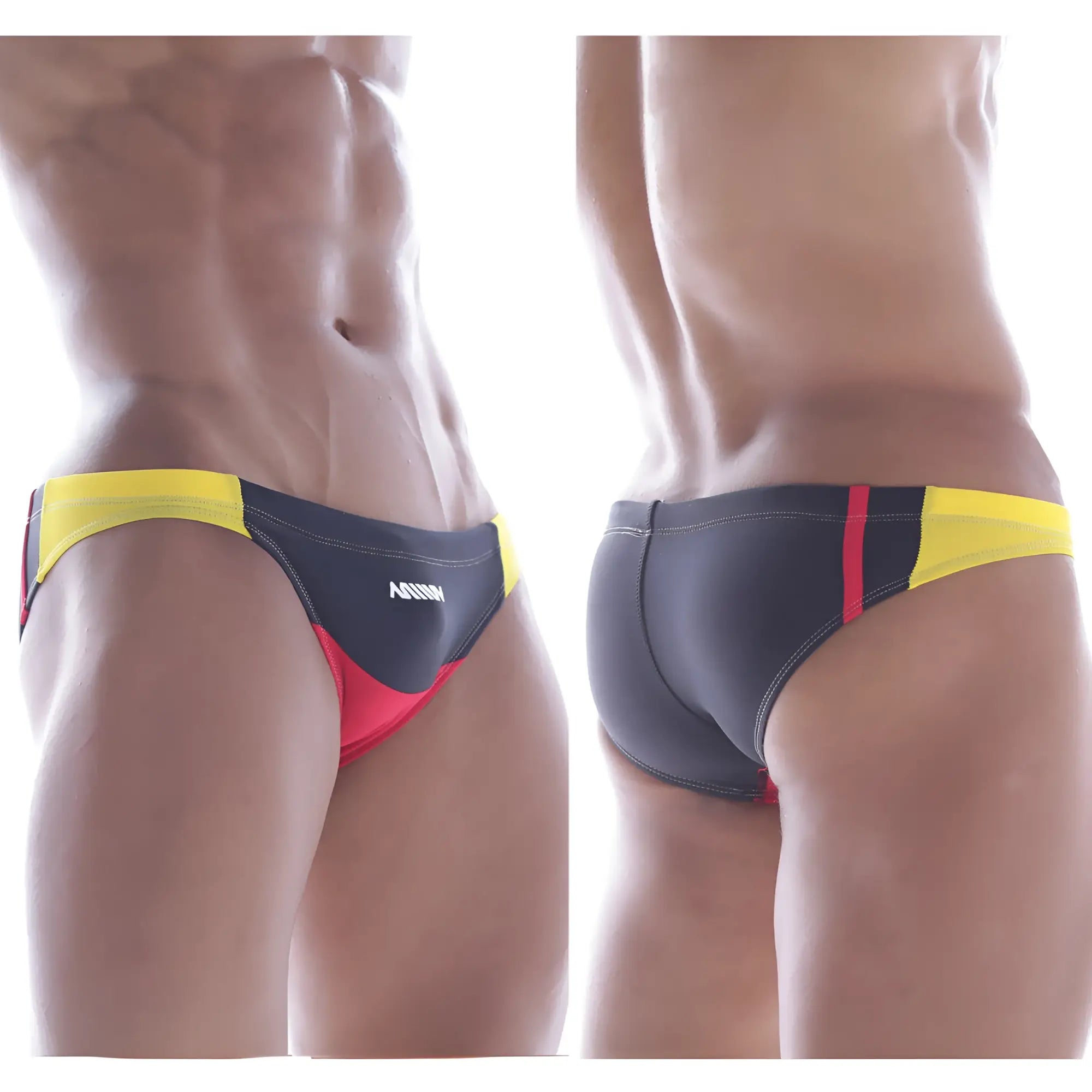 Black and yellow swim trunks with red accents and agnix branding from MetroMaleWear California swim bikini black 4921-20