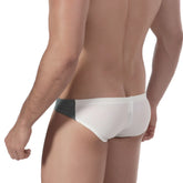 White and dark gray MetroMaleWear California swim bikini briefs with sheer fabric design for stylish beachwear
