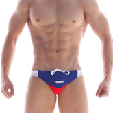 MetroMaleWear California swim bikini navy 4921-28 features blue and red trunks with white side panels and matching drawstring
