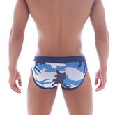 MetroMaleWear camo blue swim brief 4916-77 featuring blue and white camouflage pattern with navy blue waistband