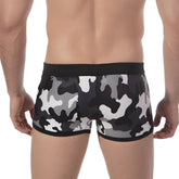 MetroMaleWear camo grey swim boxer briefs in black gray and white camouflage with solid black waistband