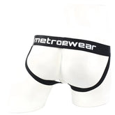 White metrowear briefs with black trim and waistband featuring metroMalewear branding in white lettering