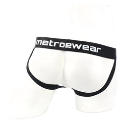 White metrowear briefs with black trim and waistband featuring metroMalewear branding in white lettering