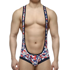 MetroMalewear camo red wrestler 2093-92 men’s singlet with red white and blue camouflage and black trim