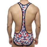 MetroMaleWear camo red wrestler 2093-92 men’s one-piece swimsuit with red white navy blue camouflage and black trim