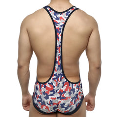 MetroMaleWear camo red wrestler 2093-92 men’s one-piece swimsuit with red white navy blue camouflage and black trim