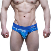 MetroMaleWear camouflage brief 5203-18 in blue and white with a solid blue waistband branded amin in white lettering