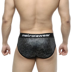 Black and gray leopard-print briefs with black metronewear waistband metroMalewear camouflage hip brief 5003-90