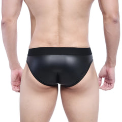Black glossy faux leather MetroMaleWear camouflage swim briefs with smooth sleek design and elastic waistband