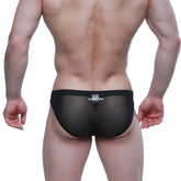 Black mesh MetroMaleWear Canal bikini briefs with subtle texture and white mew logo embroidered on the waistband