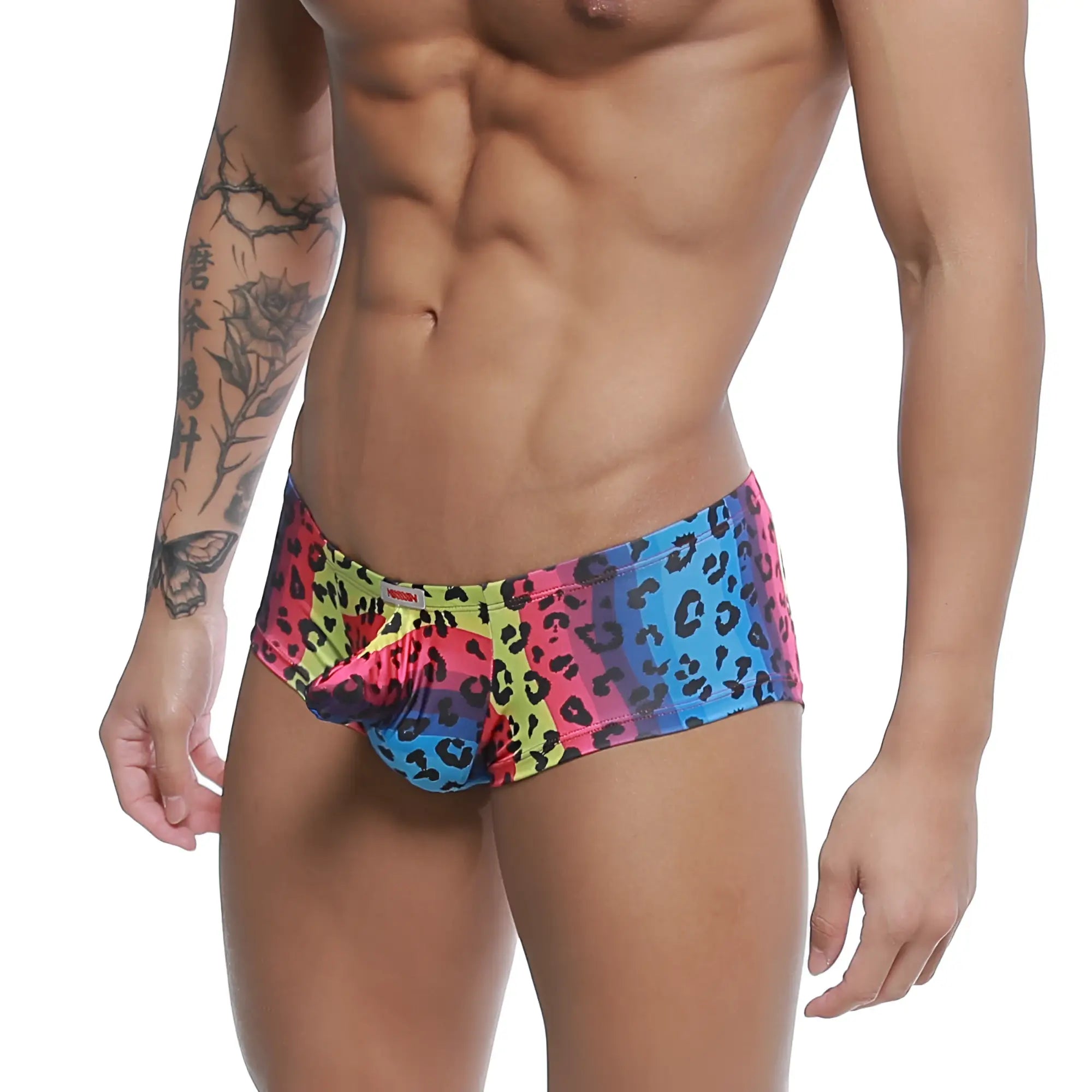 Metro male wear cannon boxer neon swim trunks with vibrant multicolored leopard-print and pink blue yellow gradient design