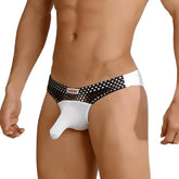 Black and white polka dot mesh brief with solid white front panel and mawon brand label on waistband metro male wear cannon hip brief