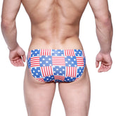 MetroMaleWear Cannon hip brief swim trunks in red white and blue patchwork american flag design