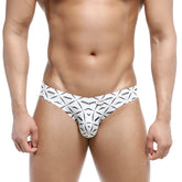 White men’s briefs metro malewear capri bikini caballero 6103-03 with bold black geometric pattern and stylized mustaches