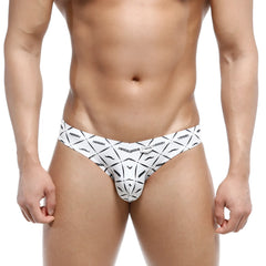 White men’s briefs metro malewear capri bikini caballero 6103-03 with bold black geometric pattern and stylized mustaches