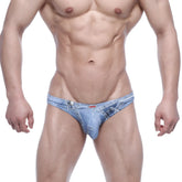MetroMaleWear Capri bikini denim blue men’s briefs with button closure and stitched pocket detail in denim style