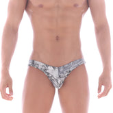 Gray and white patterned swim trunks with detailed graphic design from MetroMaleWear Capri Bikini Denim Grey 6103-47