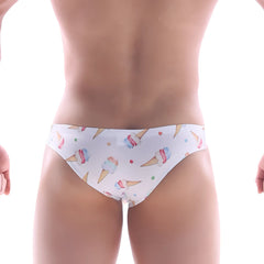 White briefs by metromalewear featuring a playful colorful ice cream cone pattern and sprinkles for casual wear