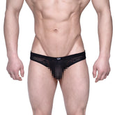 MetroMaleWear Capri bikini star black lace thong with subtle mesh texture and white logo on waistband back side view