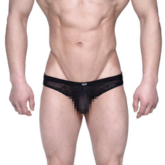 MetroMaleWear Capri bikini star black lace thong with subtle mesh texture and white logo on waistband back side view
