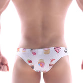 MetroMaleWear Capri bikini sweet cake white swim trunks with colorful cupcake and frosting pattern for beachwear