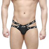 Black metro malewear cara jock strap with two crossed white sup branded waistbands for men