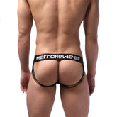 Black and gold metallic-trimmed MetroMaleWear Carioca jock strap briefs with sleek form-fitting design