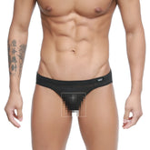 Black mesh thong with subtle logo on waistband back view from metromalewear carril bikini 5103-m33 collection