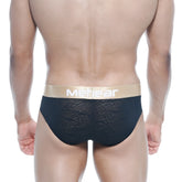 Black lace men’s briefs with gold waistband and mehear branding metro malewear carve hip brief black 5003-61