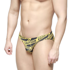 MetroMaleWear caution bikini black 5103-m61 men’s swim trunks with yellow and black caution tape pattern for swimming
