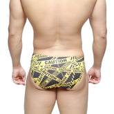 Metro malewear caution bikini black 5103-m61 swim trunks with yellow and black caution tape pattern