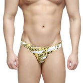 MetroMalewear caution bikini white 5103-m60 yellow and black caution tape patterned swim trunks front view
